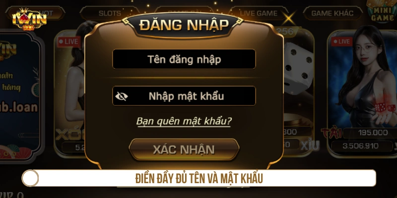 Điền đầy đủ tên và mật khẩu bet thủ dùng để đăng nhập vào IWIN 