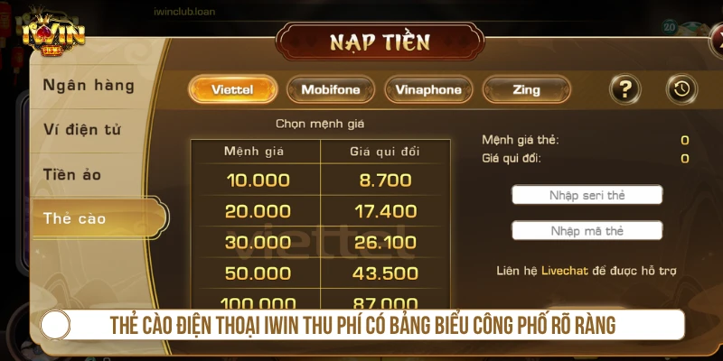 Thẻ cào điện thoại IWIN thu phí có bảng biểu công phố rõ ràng